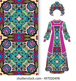 Vector fashion illustration. Decorative stylized Russian costume, women's ethnic dress with crown and vertical seamless pattern, floral geometric texture. Isolated elements for invitation or card