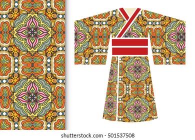 Vector fashion illustration, decorative stylized Japanese kimono ethnic clothes and vertical seamless geometric pattern, repeating texture. Isolated elements for invitations, greeting cards design