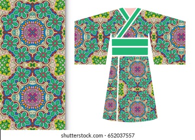 Vector fashion illustration, decorative stylized Japanese kimono ethnic clothes and vertical seamless geometric pattern, repeating texture. Isolated elements for invitations, greeting cards design
