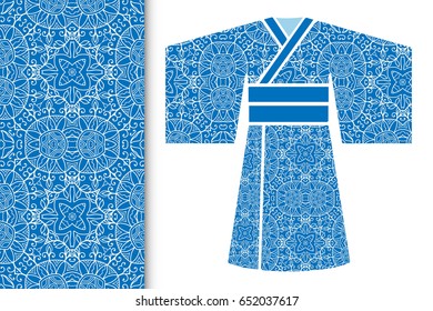 Vector fashion illustration, decorative stylized Japanese kimono ethnic clothes and vertical seamless geometric pattern, repeating texture. Isolated elements for invitations, greeting cards design