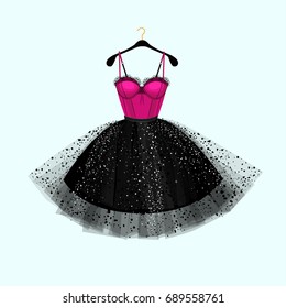 Vector fashion illustration. Dress for special event. Pink and black dress.