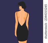 Vector fashion illustration, elegant young woman with dark hair in a seductive stylish dress with bare shoulders and back. Back view.