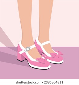 vector fashion illustration female legs in pink shoes.Illustration for postcards.
