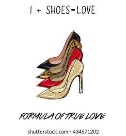 vector fashion illustration with female shoes with inscription