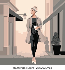 Vector fashion illustration in a flat style, in gray and pink pastel shades. A young pretty slender blonde woman in a stylish coat walks around the city with a glass of coffee in her hand.
