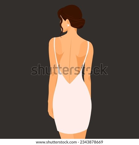 Vector fashion illustration in flat style. Young elegant woman in fashionable sexy dress with bare back and shoulders. Back view.
