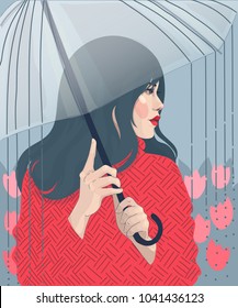 vector fashion illustration of a girl in a red sweater and lipstick under an umbrella, on a background of tulips, spring rain
