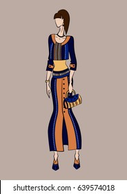 Vector fashion illustration. A girl in a suit with a skirt and a jacket. Business style.