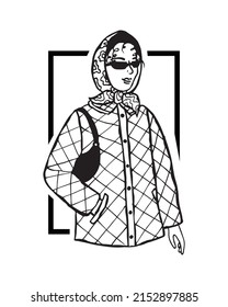 Vector fashion illustration of a girl in a trendy quilted jacket, scarf and sunglasses. Casual fashion.