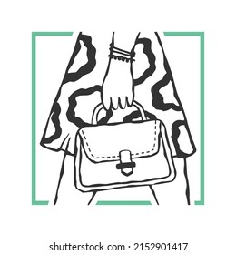 Vector fashion illustration of a girl in a trendy flared skirt with an abstract pattern and a small handbag in her hand. Casual fashion.