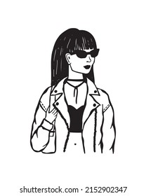 Vector fashion illustration of a girl in a trendy short top and an oversize leather jacket. Casual fashion.