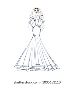 Vector fashion illustration. Girl in wedding dress. Bride