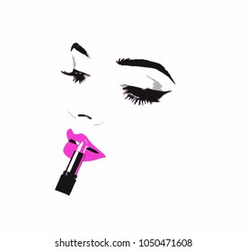 Vector fashion illustration of girl or woman putting on pink lipstick. Put on make up on face. Fake eye lashes. Beauty concept for cosmetics and advertisement for makeup 2018. doing makeup