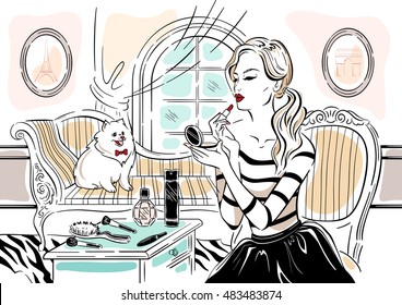 Vector Fashion Illustration Glamour Girl And Small Dog. Young Woman Doing Makeup. Horizontal Format