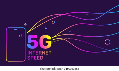 Ilustración vectorial de la tecnología de degradado 5g y teléfono inteligente en fondo de color oscuro con línea y texto. Diseño plano para web, sitio, banner, afiche