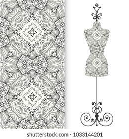 Vector fashion illustration. Hand drawn monochrome seamless pattern and vintage tailor's dummy for female body, isolated design elements for fabric, paper print. Black and white texture