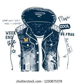 Vector fashion illustration of hand drawn doodle sketch men's jacket with hood, pockets, embroidery, sticker pack, letterings weekend, music, cool and others, long sleeves, t shirt, street style