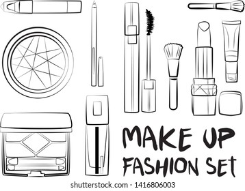 Vector fashion illustration - Hand drawn make up set. Set of mascara, lipstick, eye shadows, brush, powder, lip gloss, perfume. Beauty Make up Fashion Girl Day Doodle Icons Hand Made