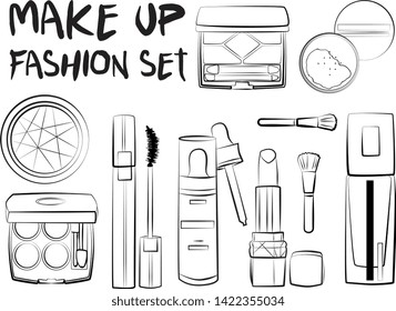 Vector fashion illustration - Hand drawn make up set. Set of mascara, lipstick, eye shadows, brush, powder, lip gloss, perfume. Beauty Make up Fashion Girl Day Doodle Icons Hand Made