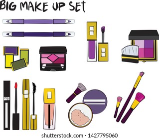 Vector fashion illustration - Hand drawn make up set. Set of mascara, lipstick, eye shadows, brush, powder, lip gloss, perfume. Beauty Make up Fashion Girl Day Doodle Icons Hand Made