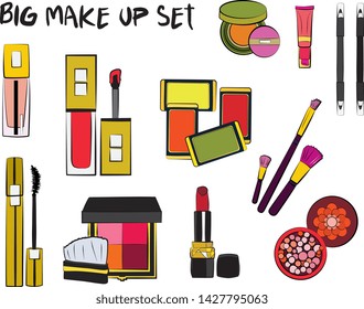 Vector fashion illustration - Hand drawn make up set. Set of mascara, lipstick, eye shadows, brush, powder, lip gloss, perfume. Beauty Make up Fashion Girl Day Doodle Icons Hand Made