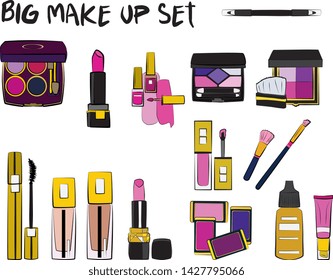 Vector fashion illustration - Hand drawn make up set. Set of mascara, lipstick, eye shadows, brush, powder, lip gloss, perfume. Beauty Make up Fashion Girl Day Doodle Icons Hand Made