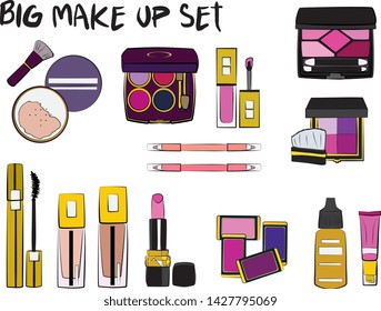 Vector fashion illustration - Hand drawn make up set. Set of mascara, lipstick, eye shadows, brush, powder, lip gloss, perfume. Beauty Make up Fashion Girl Day Doodle Icons Hand Made