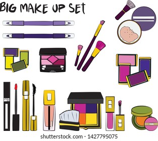 Vector fashion illustration - Hand drawn make up set. Set of mascara, lipstick, eye shadows, brush, powder, lip gloss, perfume. Beauty Make up Fashion Girl Day Doodle Icons Hand Made