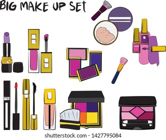 Vector fashion illustration - Hand drawn make up set. Set of mascara, lipstick, eye shadows, brush, powder, lip gloss, perfume. Beauty Make up Fashion Girl Day Doodle Icons Hand Made