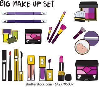 Vector fashion illustration - Hand drawn make up set. Set of mascara, lipstick, eye shadows, brush, powder, lip gloss, perfume. Beauty Make up Fashion Girl Day Doodle Icons Hand Made