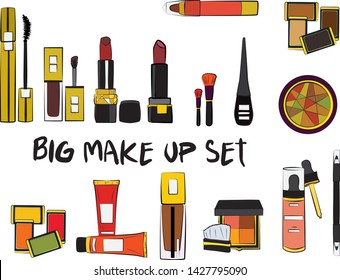 Vector fashion illustration - Hand drawn make up set. Set of mascara, lipstick, eye shadows, brush, powder, lip gloss, perfume. Beauty Make up Fashion Girl Day Doodle Icons Hand Made