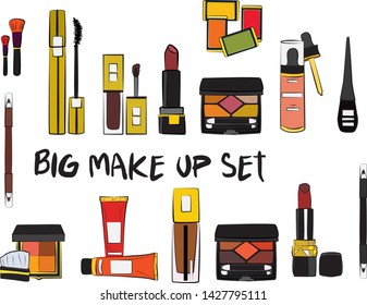 Vector fashion illustration - Hand drawn make up set. Set of mascara, lipstick, eye shadows, brush, powder, lip gloss, perfume. Beauty Make up Fashion Girl Day Doodle Icons Hand Made