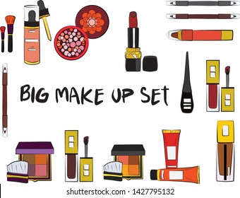 Vector fashion illustration - Hand drawn make up set. Set of mascara, lipstick, eye shadows, brush, powder, lip gloss, perfume. Beauty Make up Fashion Girl Day Doodle Icons Hand Made
