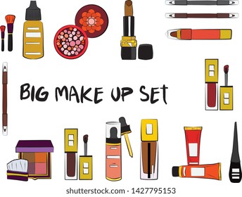 Vector fashion illustration - Hand drawn make up set. Set of mascara, lipstick, eye shadows, brush, powder, lip gloss, perfume. Beauty Make up Fashion Girl Day Doodle Icons Hand Made