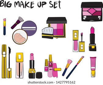 Vector fashion illustration - Hand drawn make up set. Set of mascara, lipstick, eye shadows, brush, powder, lip gloss, perfume. Beauty Make up Fashion Girl Day Doodle Icons Hand Made