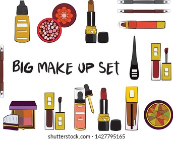 Vector fashion illustration - Hand drawn make up set. Set of mascara, lipstick, eye shadows, brush, powder, lip gloss, perfume. Beauty Make up Fashion Girl Day Doodle Icons Hand Made