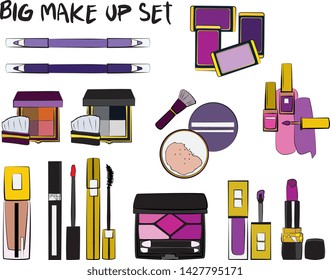 Vector fashion illustration - Hand drawn make up set. Set of mascara, lipstick, eye shadows, brush, powder, lip gloss, perfume. Beauty Make up Fashion Girl Day Doodle Icons Hand Made