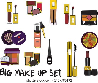 Vector fashion illustration - Hand drawn make up set. Set of mascara, lipstick, eye shadows, brush, powder, lip gloss, perfume. Beauty Make up Fashion Girl Day Doodle Icons Hand Made