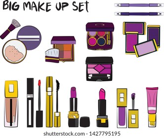 Vector fashion illustration - Hand drawn make up set. Set of mascara, lipstick, eye shadows, brush, powder, lip gloss, perfume. Beauty Make up Fashion Girl Day Doodle Icons Hand Made