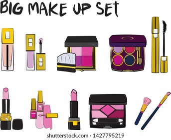 Vector fashion illustration - Hand drawn make up set. Set of mascara, lipstick, eye shadows, brush, powder, lip gloss, perfume. Beauty Make up Fashion Girl Day Doodle Icons Hand Made