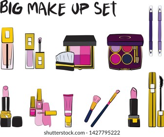 Vector fashion illustration - Hand drawn make up set. Set of mascara, lipstick, eye shadows, brush, powder, lip gloss, perfume. Beauty Make up Fashion Girl Day Doodle Icons Hand Made