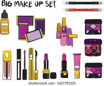 Vector fashion illustration - Hand drawn make up set. Set of mascara, lipstick, eye shadows, brush, powder, lip gloss, perfume. Beauty Make up Fashion Girl Day Doodle Icons Hand Made