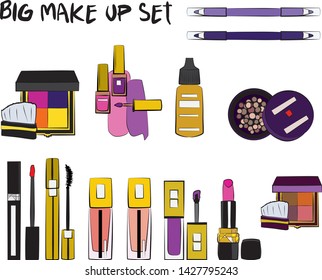 Vector fashion illustration - Hand drawn make up set. Set of mascara, lipstick, eye shadows, brush, powder, lip gloss, perfume. Beauty Make up Fashion Girl Day Doodle Icons Hand Made