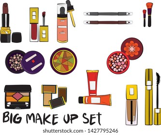Vector fashion illustration - Hand drawn make up set. Set of mascara, lipstick, eye shadows, brush, powder, lip gloss, perfume. Beauty Make up Fashion Girl Day Doodle Icons Hand Made