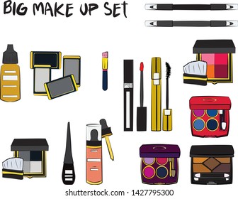 Vector fashion illustration - Hand drawn make up set. Set of mascara, lipstick, eye shadows, brush, powder, lip gloss, perfume. Beauty Make up Fashion Girl Day Doodle Icons Hand Made