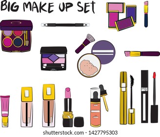 Vector fashion illustration - Hand drawn make up set. Set of mascara, lipstick, eye shadows, brush, powder, lip gloss, perfume. Beauty Make up Fashion Girl Day Doodle Icons Hand Made