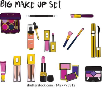 Vector fashion illustration - Hand drawn make up set. Set of mascara, lipstick, eye shadows, brush, powder, lip gloss, perfume. Beauty Make up Fashion Girl Day Doodle Icons Hand Made