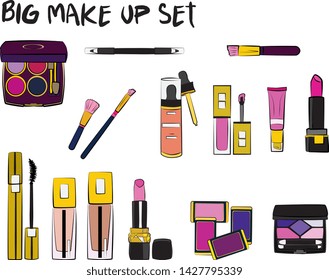 Vector fashion illustration - Hand drawn make up set. Set of mascara, lipstick, eye shadows, brush, powder, lip gloss, perfume. Beauty Make up Fashion Girl Day Doodle Icons Hand Made