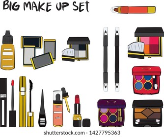 Vector fashion illustration - Hand drawn make up set. Set of mascara, lipstick, eye shadows, brush, powder, lip gloss, perfume. Beauty Make up Fashion Girl Day Doodle Icons Hand Made