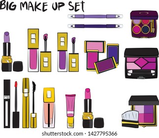Vector fashion illustration - Hand drawn make up set. Set of mascara, lipstick, eye shadows, brush, powder, lip gloss, perfume. Beauty Make up Fashion Girl Day Doodle Icons Hand Made